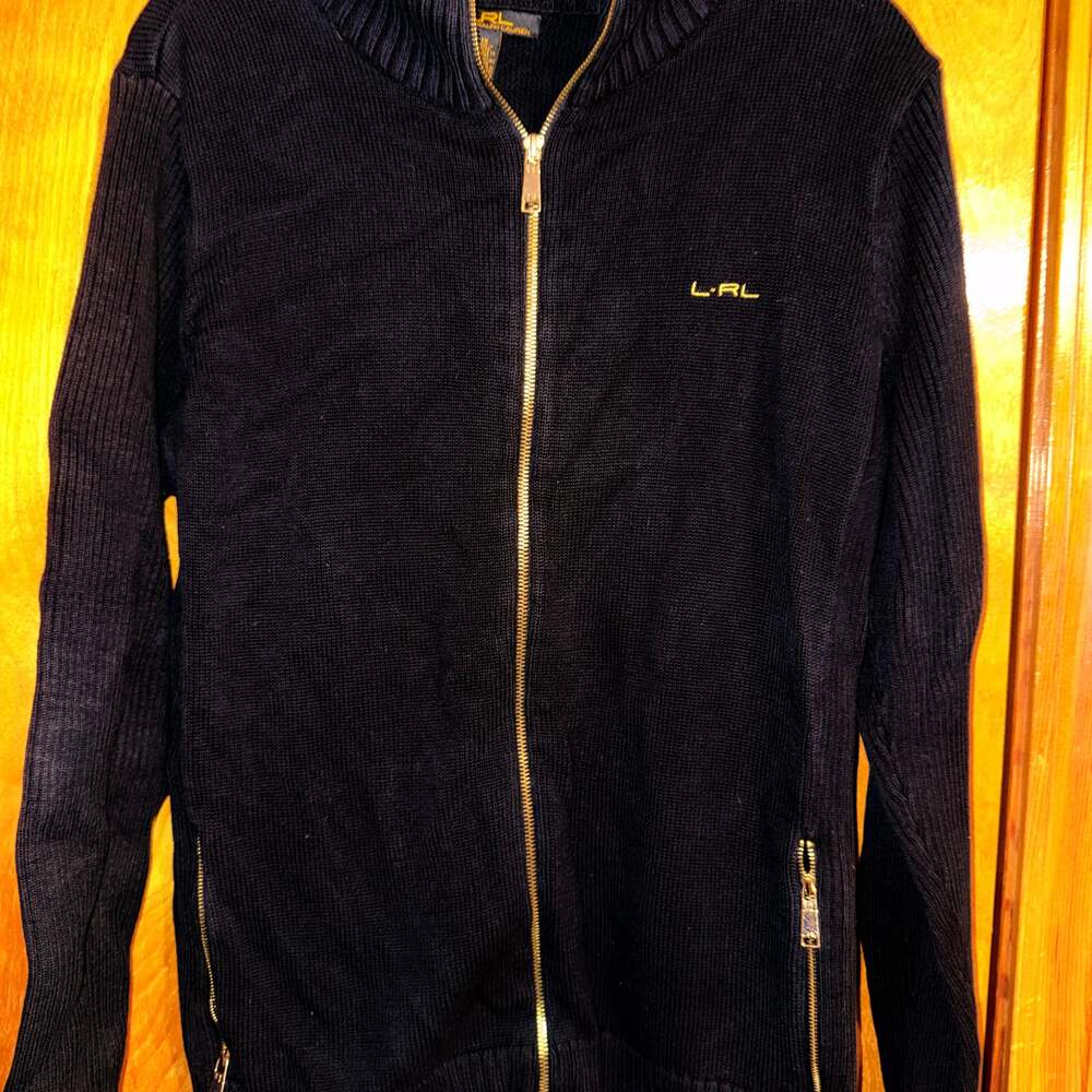 Lauren Ralph Lauren Black Label Gold Full Zip Mock Neck Ribbed Sweater